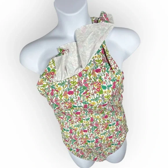 J. Crew One-Shoulder Floral One Piece in Green and Pink flutter Liberty Sz 16‎ - Picture 8 of 14